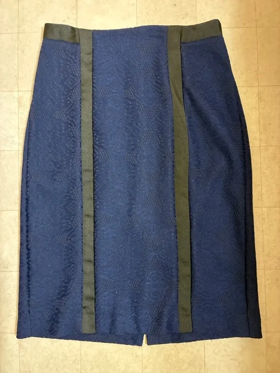 New York & Company Navy Pencil Skirt with Black Vertical Trim - Picture 1 of 6